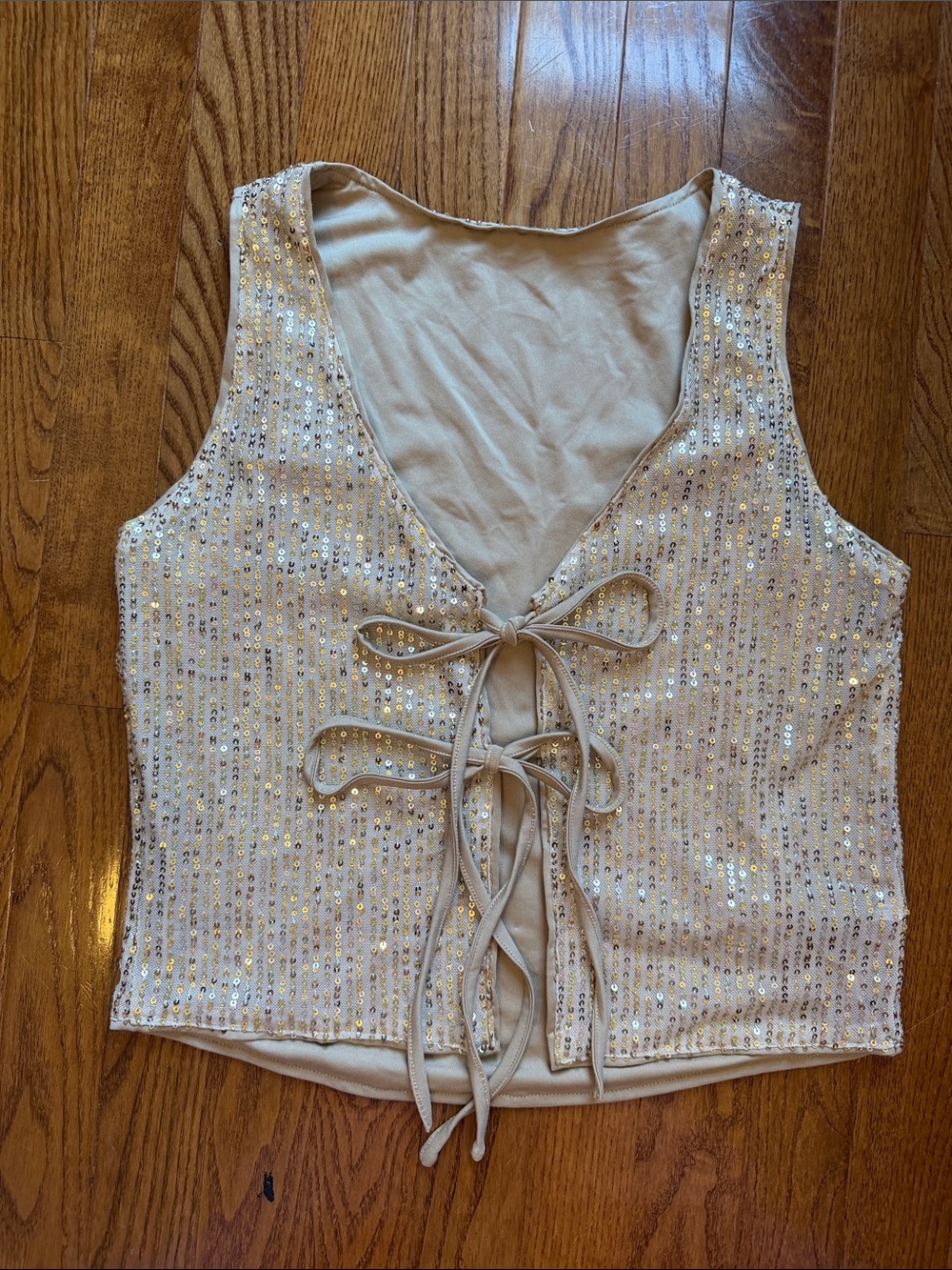 SHEIN Beige and gold Sequin Lace-Up Crop Top
